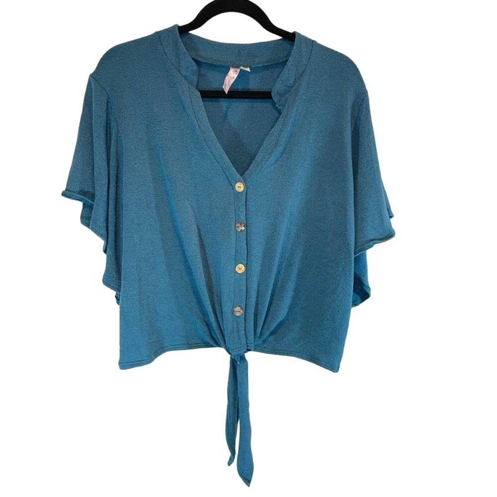 Francesca’s Collections Button-up V-neck Short Sleeve T-shirt with Tie Front